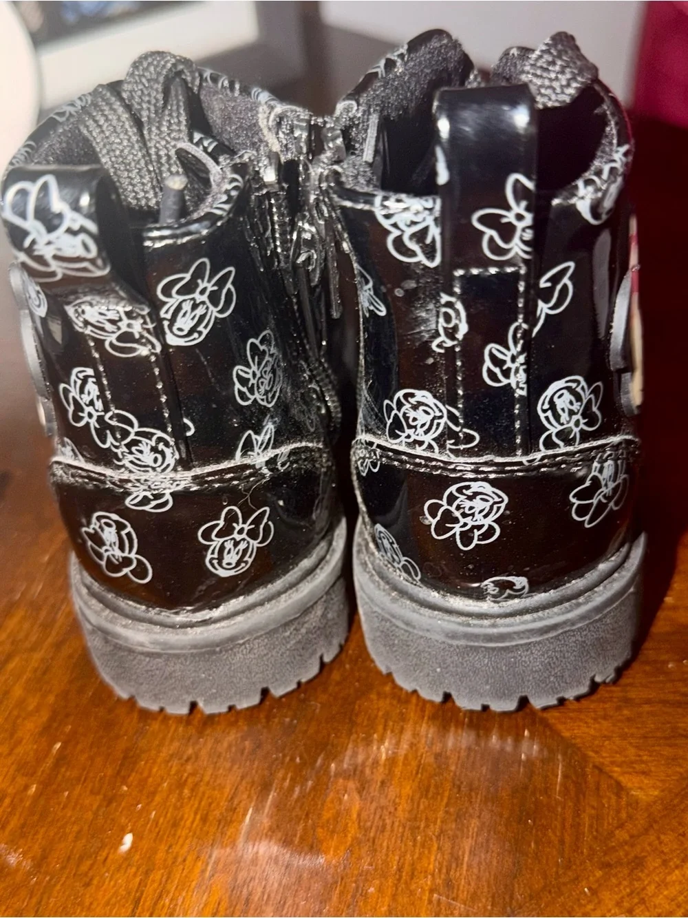 Disney New Black Floral Patent Lace-Up Boots with Pink Bow